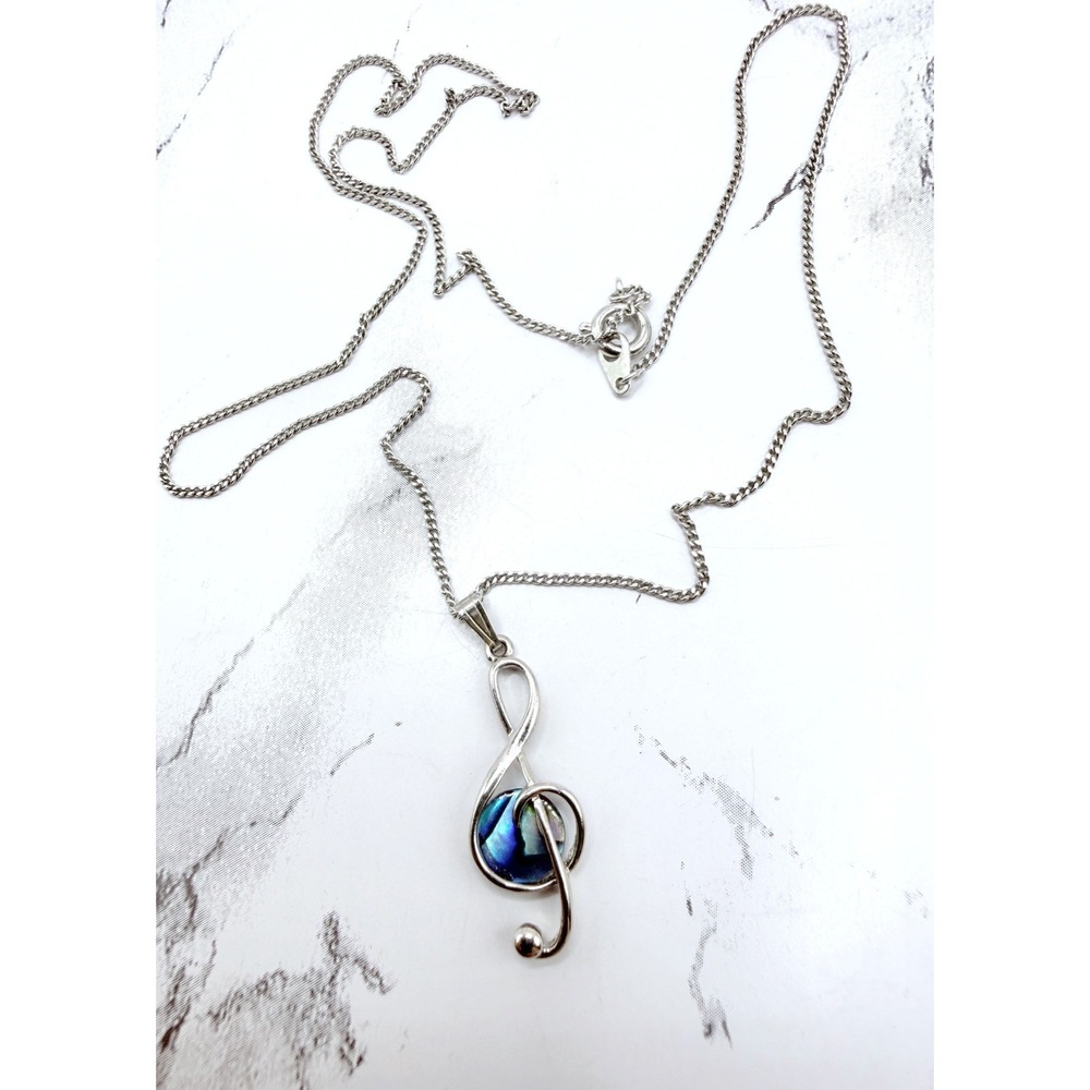 Treble Clef Necklace Iridescent Disc Silver Tone Dainty Music Pendant 18 Inch